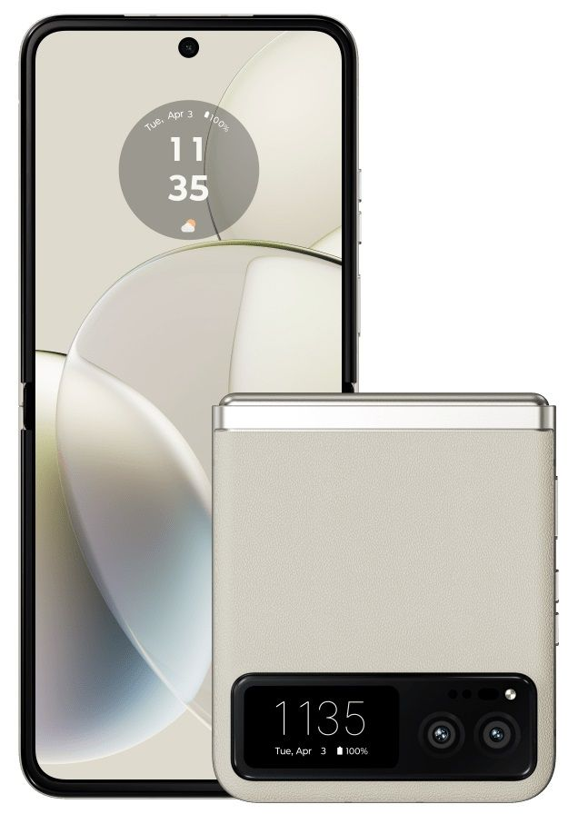 Смартфон Motorola RAZR 40 (бял), поддържа 2 SIM карти, 6.9" (17.53cm) P-OLED 144Hz дисплей, осемядрен Qualcomm Snapdragon 7 Gen 1 (1x 2.4 GHz, 3x 2.36 GHz, 4x 1.8 GHz), 8GB RAM, 256GB Flash памет, 64 + 13 + 64 Mpix камера, Android, 188g - характеристика 1