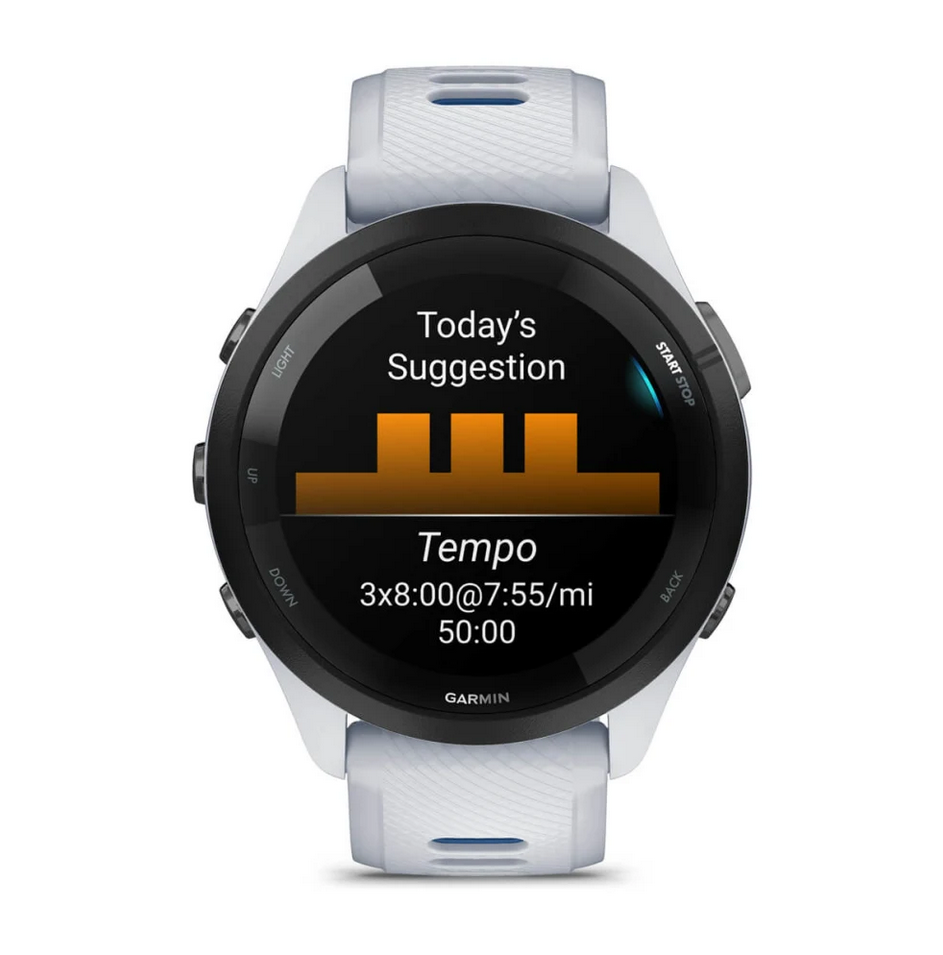 Смарт часовник Garmin Forerunner 265 Tidal Blue, 32.5mm (1.3"), Bluetooth, Wi-Fi, до 13 дни време за работа, множество фитнес функции, профили за бягане, 8GB Flash памет, бял корпус със синьо-бяла каишка - характеристика 16