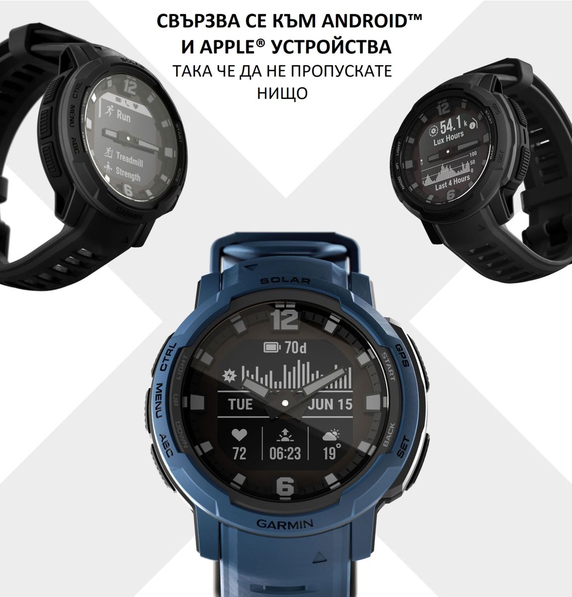 Смарт часовник Garmin Instinct Crossover Blue Granite, хибриден, MIP дисплей, 23 x 23 mm (0,9" x 0,9"), до 28 дни време за работа, 64 MB Flash памет, GPS, пулсомер, Bluetooth, крачкомер, сиво-син - характеристика 4