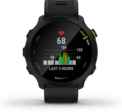 Смарт часовник Garmin Forerunner 55 Black, 1.04" (2.64 cm) MIP дисплей, до 14 дни живот на батерията, GPS, акселерометър, пулсомер, Connect IQ, хидратация, съвместим с Android и Apple устройства, черен - характеристика 4