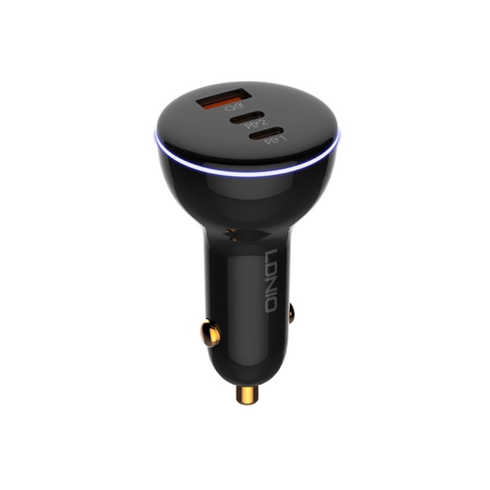LDNIO Triple Quick Car Charger 160W - зарядно за кола с 2xUSB-C и USB-A изходи с технология за бързо зареждане и USB-C към USB-C кабел (черен)