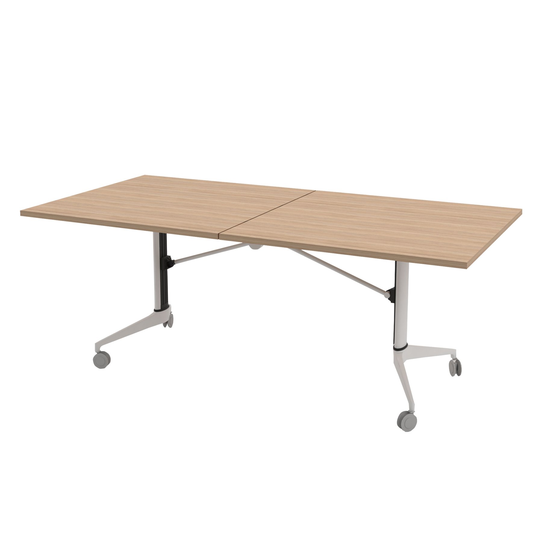 Конферентна маса RFG Butterfly, мобилна, сгъваема, 200 x 100 x 74 cm, правоъгълен плот, ПДЧ 18 mm, кехлибарен дъб, бели метални крака