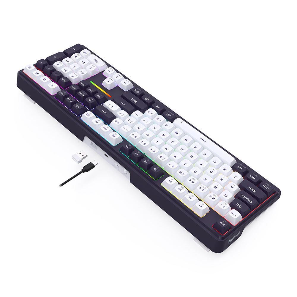 Bluetooth и безжична механична геймърска клавиатура Redragon Antonium Pro 108 K745WB-RGB-PRO, RGB осветление - черна с бяло