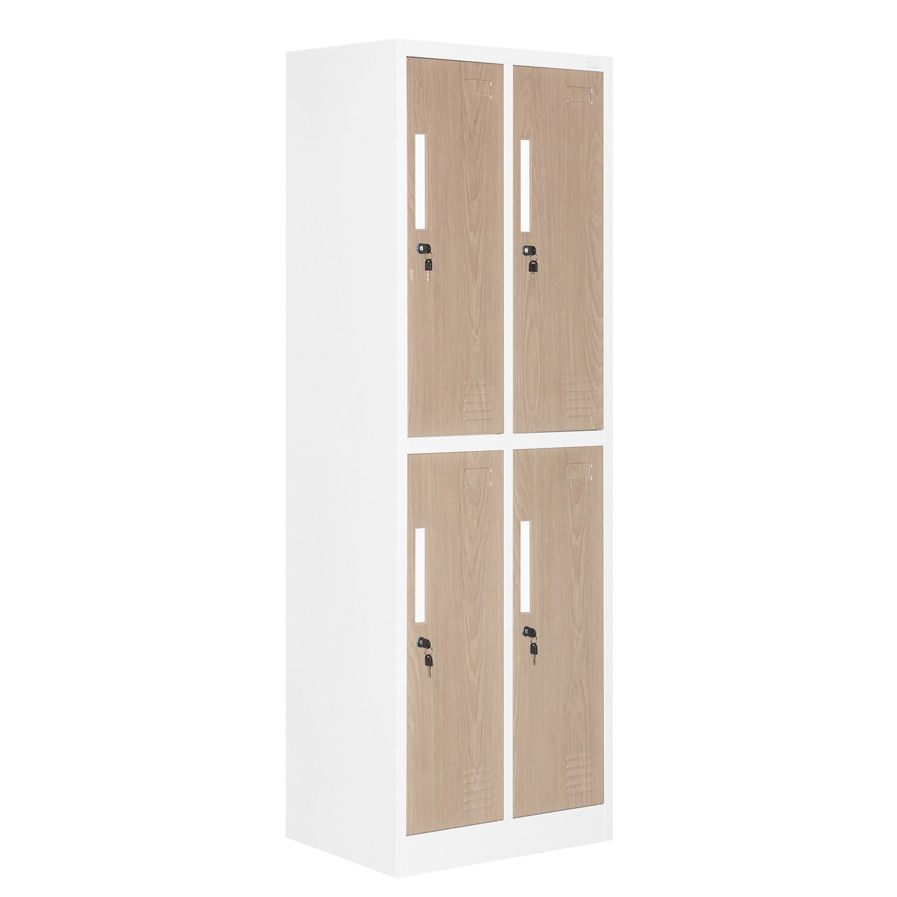 Гардероб RFG, двоен, метален, с 4 врати, 600 х 450 х 1850 mm, кехлибарен дъб и бяло