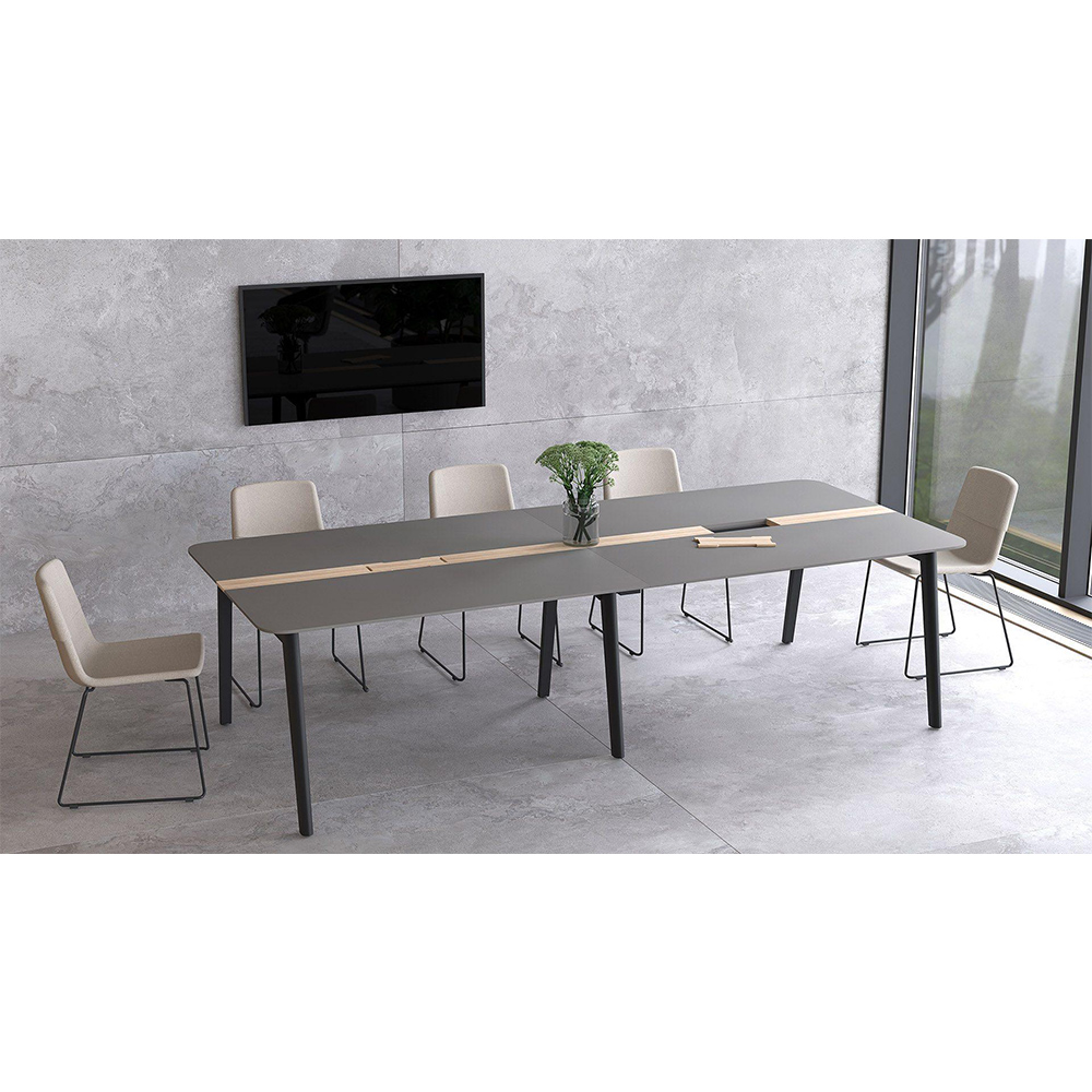 Заседателна маса Narbutas Nova Wood, 2800 x 1200 x 740 mm, правоъгълен плот, MDF 26 mm, HPL черен плот, крака светъл ясен