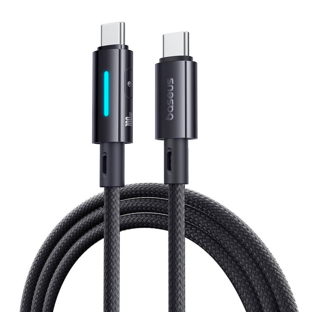 Baseus Lit Button USB-C to USB-C Fast Charging Cable 100W (P10379000121-00) - здрав кабел с въжена оплетка за бързо зареждане за устройства с USB-C порт (100 см) (черен)