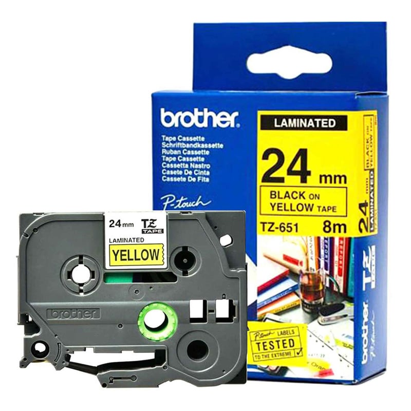 Лента Brother TZЕFX651, Flexible ID, 24 mm, черен печат върху жълта лента