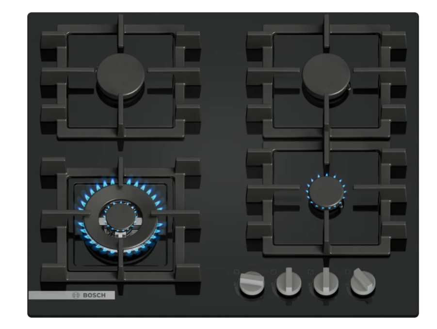 Bosch PNK6B6K40, SER4, Gas hob, 4 zones, Wok burner, 9 power levels, FlameSelect new, Easy cleaning, metal knobs, black, 60cm