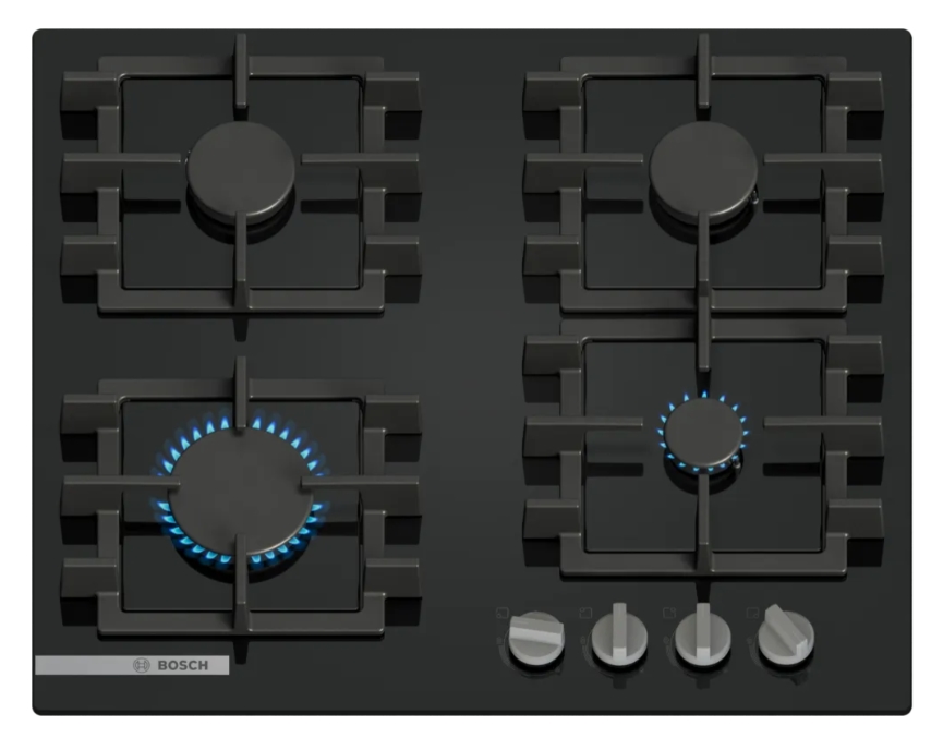 Bosch PNN6B6K40, SER4, Gas hob, 4 zones, 9 power levels, FlameSelect new, Easy cleaning, metal knobs, black, 60cm