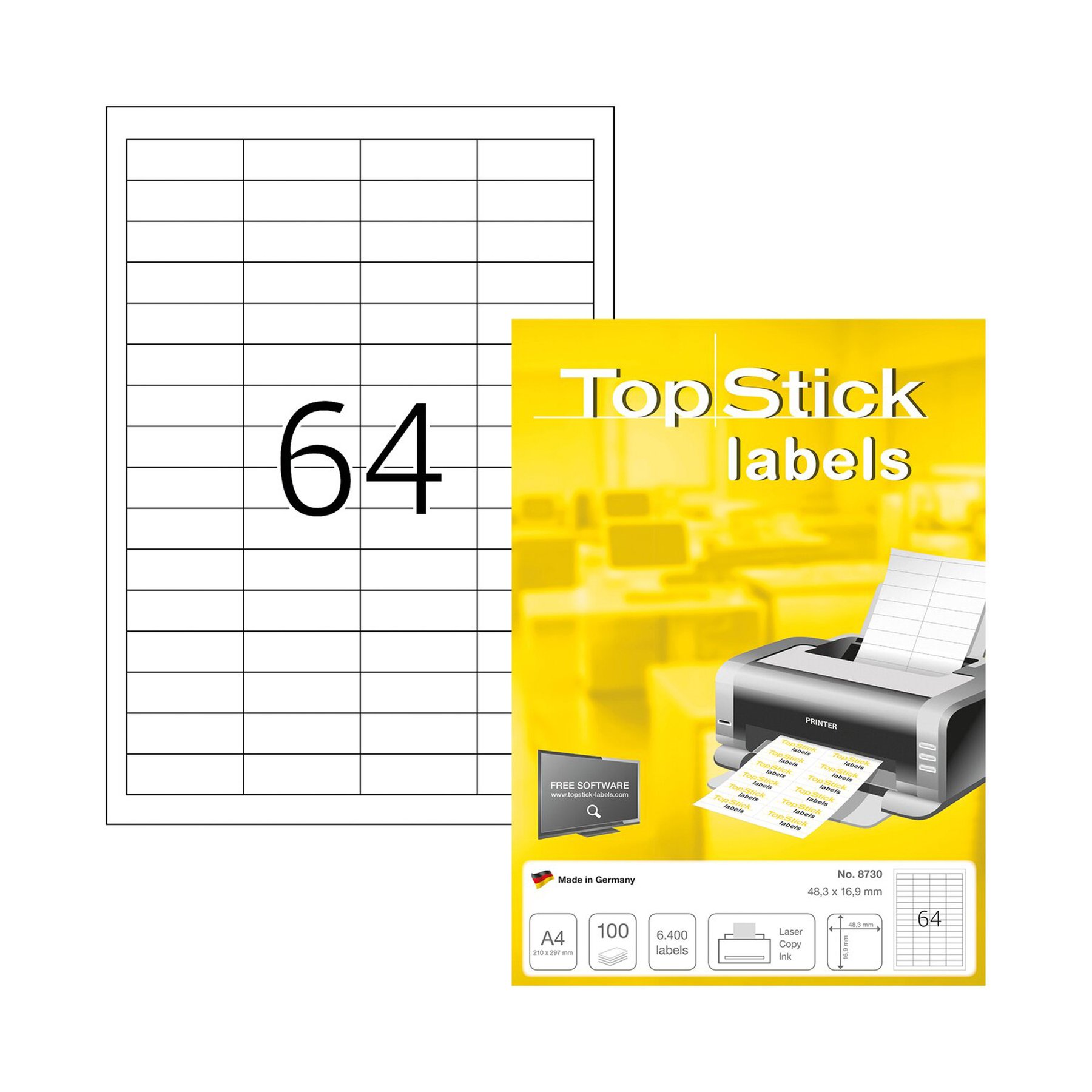 Top Stick Самозалепващи се етикети, A4, 48.5 х 16.9 mm, 64 броя, 100 листа