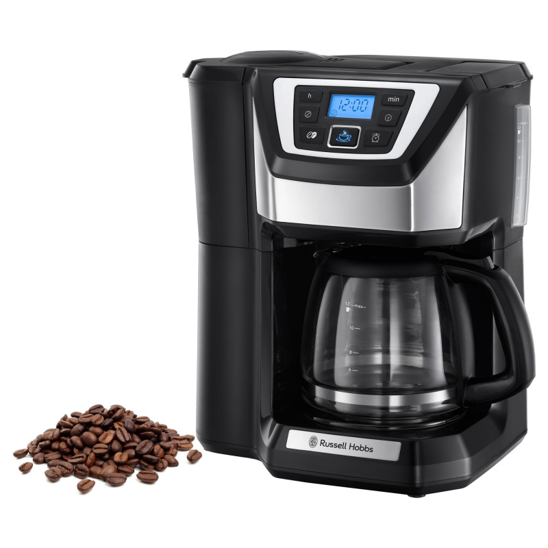 Кафемашина с вградена мелачка Russell Hobbs Victory Grind & Brew 22000-56, 1025W, 1.5 л, 250 гр, 12 чаши, Таймер, Вграден филтър, Черен/инокс