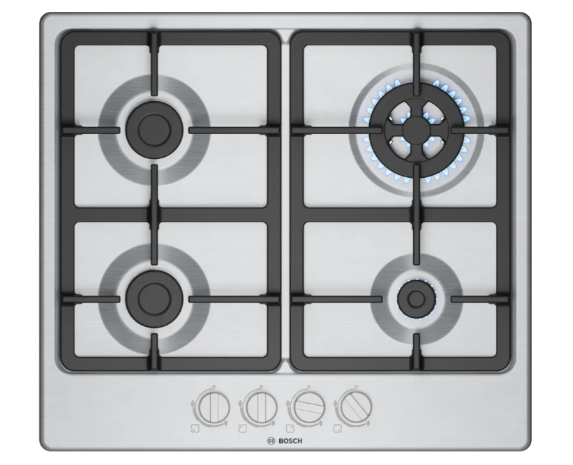 Bosch PGH6B5K90, SER4, Gas hob, 4 zones, Cast iron pan support, inox, 60cm