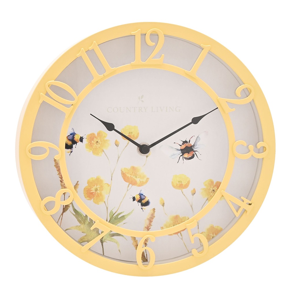 Стенен часовник Country Living 25 см - жълт, флорален