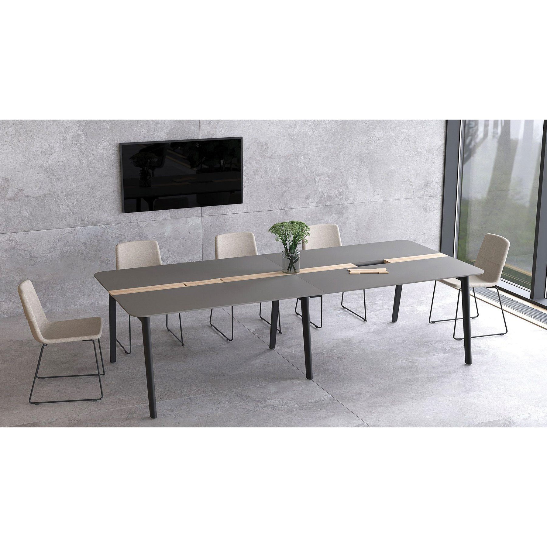 Заседателна маса Narbutas Nova Wood, 1200 x 1200 x 740 mm, квадратен плот, MDF 26 mm, HPL черен плот, крака светъл ясен