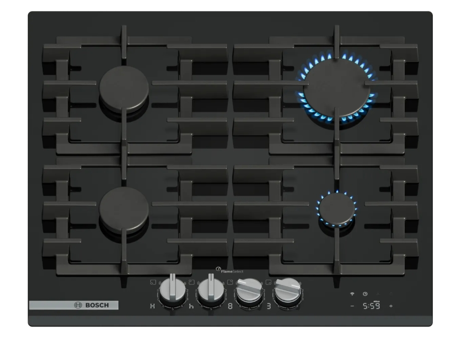 Bosch PRP6A6H40, SER8, Gas hob, 4 zones, 9 power levels, FlameSelect new, Smart Hood Automatic, Touch control, Easy cleaning, illuminated metal knobs, display, black, Front-bevel, HC, 60cm